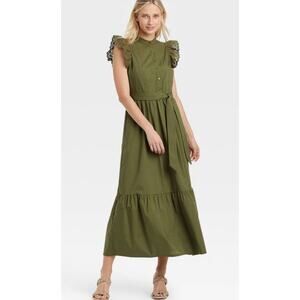 Who What Wear Flutter Sleeve Olive Green Midi Dress Size M QUICK SHIP